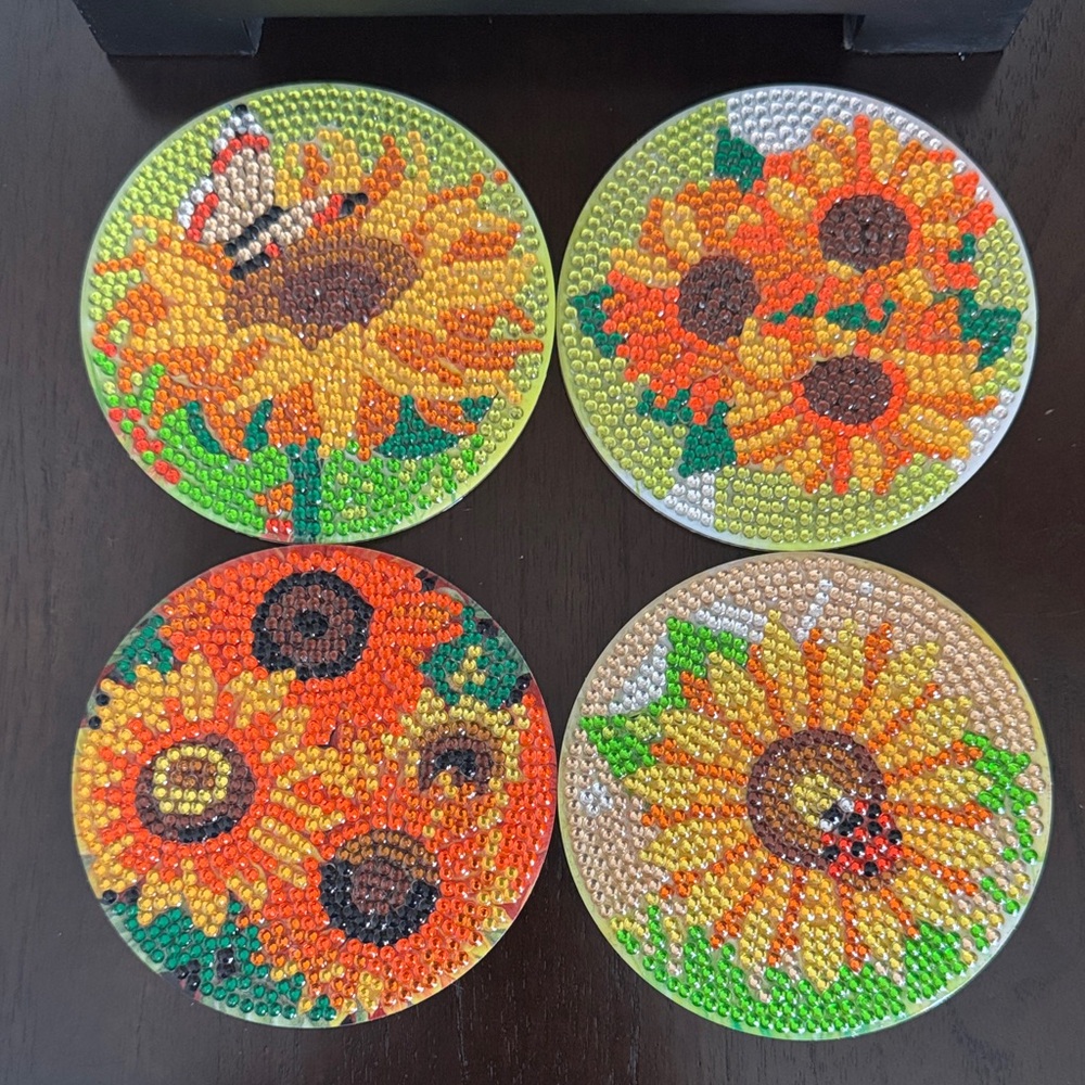 Gift-Ready Sunflower Coaster Set w/Holder – Spring & Hostess Gift – Set of 4